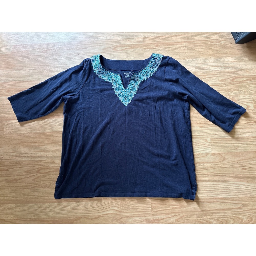 Talbots Petite Plus Embroidered Split Neck Top Womens 2XP Navy Blue Cotton